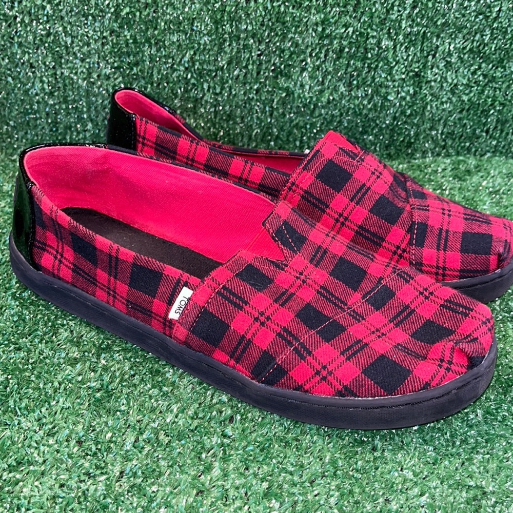 TOMS Buffalo Check Flannel Slip Ons with sparkly on back side